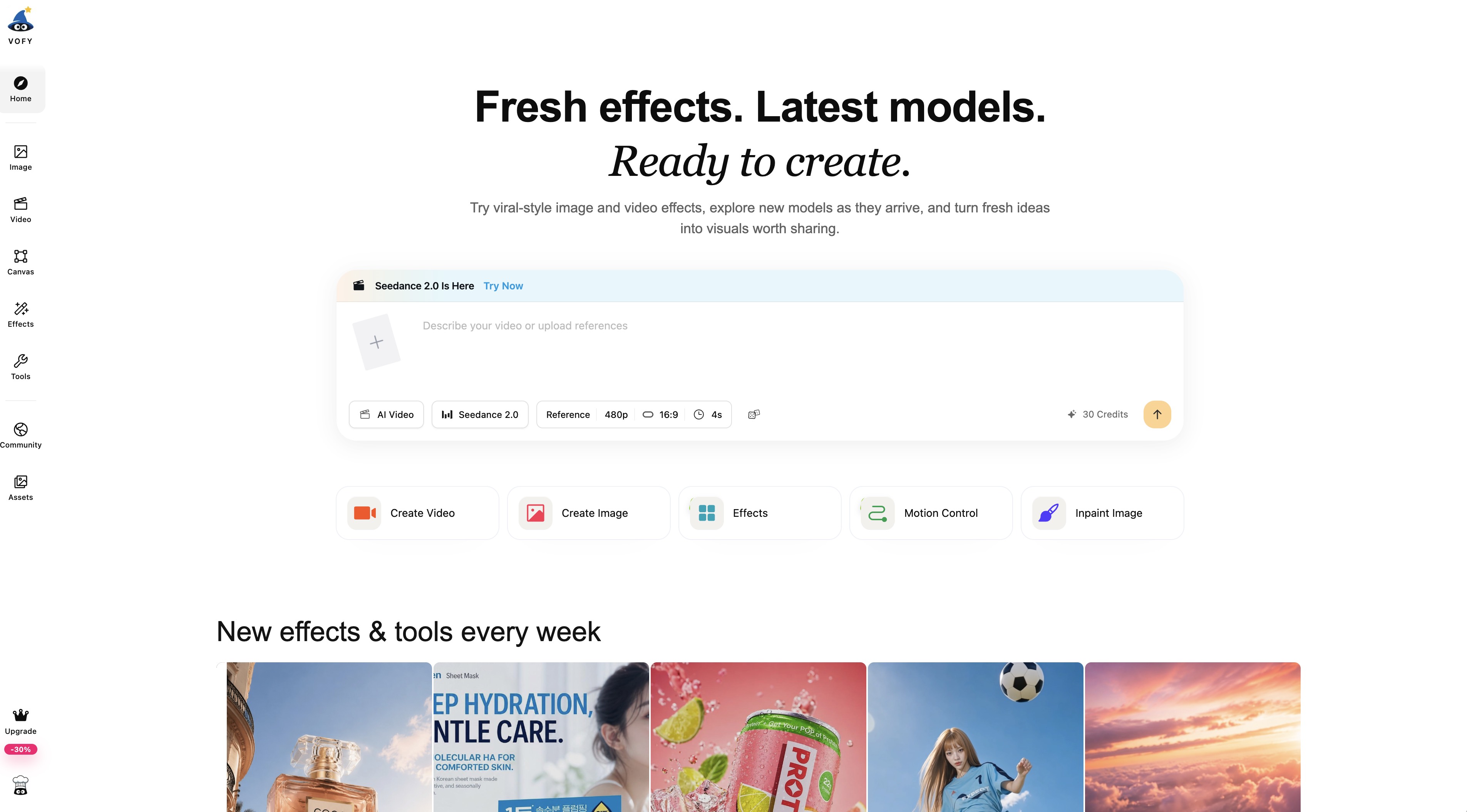 Vofy homepage hero mixing a dashboard sidebar with a large landing page headline and creation box