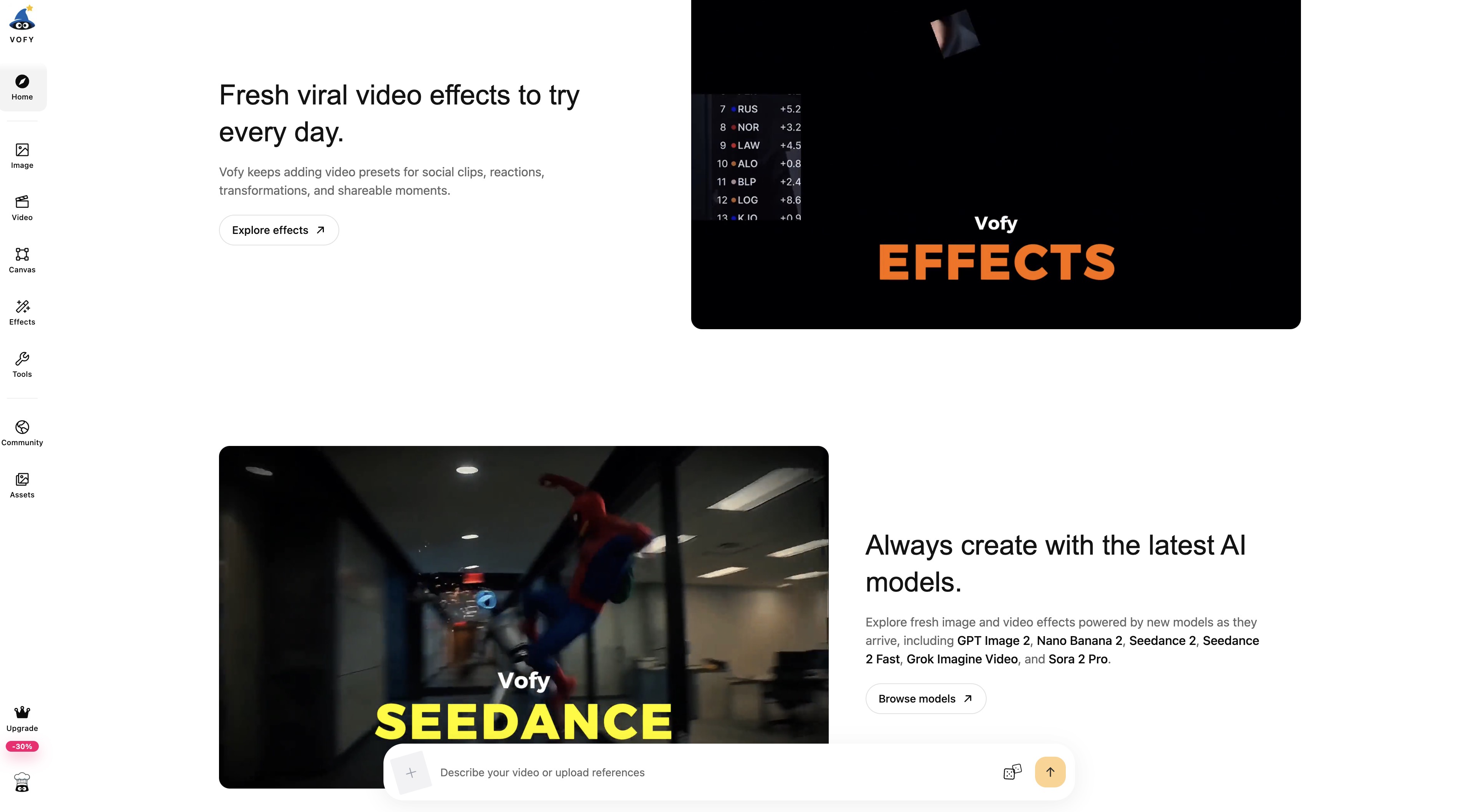 Vofy homepage sections mixing promotional landing content with a persistent creation input